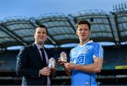 26 April 2017; The GAA and GPA are delighted to announce an additional product to their existing partnership with Glanbia Consumer Products, in the promotion of a Chocolate flavoured Avonmore Protein Milk. This new Avonmore Protein Milk Chocolate is a great tasting milk produced by one of Ireland’s best known and most trusted brands. It contains 27g of protein per serving providing a convenient and easily accessible source of protein throughout the day for everyone who enjoys sport. As a natural protein source, Avonmore Protein Milk helps rebuild and grow muscle mass, in addition to providing a good source for calcium, vitamin B12 and added vitamin D. Pictured at the launch are Stuart Scott, left, Senior Brand Manager, Glanbia, and Dublin footballer Paul Flynn. Photo by Brendan Moran/Sportsfile