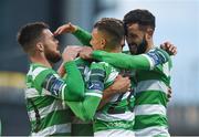 28 April 2017; Roberto Lopes of Shamrock Rovers is congratulated by his team-mates, from left, Brandon Miele, Graham Burke and David Webster after scoring the first goal against Limerick FC during the SSE Airtricity League Premier Division match between Shamrock Rovers and Limerick FC at Tallaght Stadium in Dublin. Photo by Matt Browne/Sportsfile