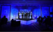 29 April 2017; Leinster's, from left, Dominic Ryan, Billy Dardis, Hayden Triggs, Mike McCarthy and Zane Kirchner with MC Darragh Maloney, far left, at the Leinster Rugby Awards Ball. The Awards, MC’d by Darragh Maloney, were a celebration of the 2016/17 Leinster Rugby season to date and over the course of the evening Leinster Rugby acknowledged the contributions of retirees Mike Ross, Eóin Reddan and Luke Fitzgerald as well as presenting Leinster Rugby caps to departees Bill Dardis, Hayden Triggs, Mike McCarthy, Zane Kirchner and Dominic Ryan. Former Leinster Rugby team doctor Professor Arthur Tanner was posthumously inducted into the Guinness Hall of Fame. Some of the Award winners on the night included; Gonzaga College (Deep River Rock School of the Year), David Hicks, De La Salle Palmerston (Beauchamps Contribution to Leinster Rugby Award), Clontarf FC (CityJet Senior Club of the Year), Coláiste Chill Mhantáin (Irish Independent Development School of the Year Award), Athy RFC (Bank of Ireland Junior Club of the Year). Professional award winners on the night included Laya Healthcare Young Player of the Year - Joey Carbery, Life Style Sports Supporters Player of the Year - Isa Nacewa, Canterbury Tackle of the Year – Isa Nacewa, Irish Independnet Try of the Year – Adam Byrne and Bank of Ireland Players’ Player of the Year – Luke McGrath. Clayton Hotel, Burlington Road, Dublin 4. Photo by Stephen McCarthy/Sportsfile