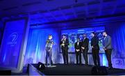 29 April 2017; Leinster's, from left, Dominic Ryan, Billy Dardis, Hayden Triggs, Mike McCarthy and Zane Kirchner with MC Darragh Maloney, far left, at the Leinster Rugby Awards Ball. The Awards, MC’d by Darragh Maloney, were a celebration of the 2016/17 Leinster Rugby season to date and over the course of the evening Leinster Rugby acknowledged the contributions of retirees Mike Ross, Eóin Reddan and Luke Fitzgerald as well as presenting Leinster Rugby caps to departees Bill Dardis, Hayden Triggs, Mike McCarthy, Zane Kirchner and Dominic Ryan. Former Leinster Rugby team doctor Professor Arthur Tanner was posthumously inducted into the Guinness Hall of Fame. Some of the Award winners on the night included; Gonzaga College (Deep River Rock School of the Year), David Hicks, De La Salle Palmerston (Beauchamps Contribution to Leinster Rugby Award), Clontarf FC (CityJet Senior Club of the Year), Coláiste Chill Mhantáin (Irish Independent Development School of the Year Award), Athy RFC (Bank of Ireland Junior Club of the Year). Professional award winners on the night included Laya Healthcare Young Player of the Year - Joey Carbery, Life Style Sports Supporters Player of the Year - Isa Nacewa, Canterbury Tackle of the Year – Isa Nacewa, Irish Independnet Try of the Year – Adam Byrne and Bank of Ireland Players’ Player of the Year – Luke McGrath. Clayton Hotel, Burlington Road, Dublin 4. Photo by Stephen McCarthy/Sportsfile