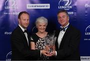 29 April 2017; Ann Tanner is presented with the 2017 Guinness Hall of Fame Award, posthumously awarded to her late husband Prof. Arthur Tanner, by Rory Sheridan, Head of Sponsorship, Diageo Western Europe, left, and Leinster Rugby President Frank Doherty at the Leinster Rugby Awards Ball. The Awards, MC’d by Darragh Maloney, were a celebration of the 2016/17 Leinster Rugby season to date and over the course of the evening Leinster Rugby acknowledged the contributions of retirees Mike Ross, Eóin Reddan and Luke Fitzgerald as well as presenting Leinster Rugby caps to departees Bill Dardis, Hayden Triggs, Mike McCarthy, Zane Kirchner and Dominic Ryan. Former Leinster Rugby team doctor Professor Arthur Tanner was posthumously inducted into the Guinness Hall of Fame. Some of the Award winners on the night included; Gonzaga College (Deep River Rock School of the Year), David Hicks, De La Salle Palmerston (Beauchamps Contribution to Leinster Rugby Award), Clontarf FC (CityJet Senior Club of the Year), Coláiste Chill Mhantáin (Irish Independent Development School of the Year Award), Athy RFC (Bank of Ireland Junior Club of the Year). Professional award winners on the night included Laya Healthcare Young Player of the Year - Joey Carbery, Life Style Sports Supporters Player of the Year - Isa Nacewa, Canterbury Tackle of the Year – Isa Nacewa, Irish Independnet Try of the Year – Adam Byrne and Bank of Ireland Players’ Player of the Year – Luke McGrath. Clayton Hotel, Burlington Road, Dublin 4. Photo by Stephen McCarthy/Sportsfile