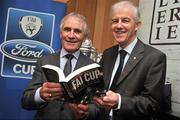 2 November 2011; Author Sean Ryan, right, with Johnny Fulham, former Shamrock Rovers player and 8 times cup winner, in attendance at the launch of the Official Book of the FAI Cup by Sean Ryan. FAI Suite, Aviva Stadium, Lansdowne Road, Dublin. Picture credit: David Maher / SPORTSFILE