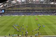 4 November 2011; A general view of pre-match entertainment as the Leinster team run out onto the pitch before the game. Celtic League, Leinster v Munster, Aviva Stadium, Lansdowne Road, Dublin. Picture credit: Brendan Moran / SPORTSFILE