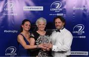29 April 2017; Ann Tanner, with Jocelyn and Jamie, with the 2017 Guinness Hall of Fame Award, posthumously awarded to her late husband Prof. Arthur Tanner, at the Leinster Rugby Awards Ball. The Awards, MC’d by Darragh Maloney, were a celebration of the 2016/17 Leinster Rugby season to date and over the course of the evening Leinster Rugby acknowledged the contributions of retirees Mike Ross, Eóin Reddan and Luke Fitzgerald as well as presenting Leinster Rugby caps to departees Bill Dardis, Hayden Triggs, Mike McCarthy, Zane Kirchner and Dominic Ryan. Former Leinster Rugby team doctor Professor Arthur Tanner was posthumously inducted into the Guinness Hall of Fame. Some of the Award winners on the night included; Gonzaga College (Deep River Rock School of the Year), David Hicks, De La Salle Palmerston (Beauchamps Contribution to Leinster Rugby Award), Clontarf FC (CityJet Senior Club of the Year), Coláiste Chill Mhantáin (Irish Independent Development School of the Year Award), Athy RFC (Bank of Ireland Junior Club of the Year). Professional award winners on the night included Laya Healthcare Young Player of the Year - Joey Carbery, Life Style Sports Supporters Player of the Year - Isa Nacewa, Canterbury Tackle of the Year – Isa Nacewa, Irish Independnet Try of the Year – Adam Byrne and Bank of Ireland Players’ Player of the Year – Luke McGrath. Clayton Hotel, Burlington Road, Dublin 4. Photo by Stephen McCarthy/Sportsfile