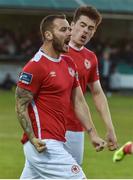 5 May 2017; Curtis Byrne of St. Patrick's Athletic celebrates after scoring his sdie's first goal during the SSE Airtricity League Premier Division game between Bray Wanderers and St. Patrick's Athletic at Carlisle Grounds in Bray, Co. Wicklow. Photo by David Maher/Sportsfile