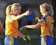 6 November 2011; Ciara McDermott, Na Fianna, Dublin, celebrates with team-mate Claire O'Hara after the game. Tesco All-Ireland Senior Ladies Football Club Championship Semi-Final, Na Fianna, Dublin v Donoughmore, Cork, C.L.G. Na Fianna, Mobhi Road, Glasnevin, Co. Dublin. Picture credit: Brendan Moran / SPORTSFILE