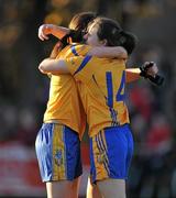 6 November 2011; Nadine Doherty, left, and Bernie Finlay, Na Fianna, Dublin, celebrate after the game. Tesco All-Ireland Senior Ladies Football Club Championship Semi-Final, Na Fianna, Dublin v Donoughmore, Cork, C.L.G. Na Fianna, Mobhi Road, Glasnevin, Co. Dublin. Picture credit: Brendan Moran / SPORTSFILE