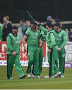 12 May 2017; Tim Murtagh of Ireland, second from left, is congratulated by team-mates after catching out Sabbir Rahman of Bangladesh during the International between Ireland and Bangladesh at Malahide in Co. Dublin. Photo by Cody Glenn/Sportsfile