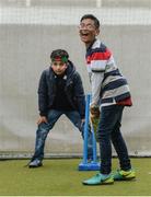 12 May 2017; Fahim Alam, age 10, and fellow Bangladesh supporter Rajwanul Islam, age 9, from Limerick, make the most of a rain delay by playing a pick-up match during the International between Ireland and Bangladesh at Malahide in Co Dublin. Photo by Cody Glenn/Sportsfile