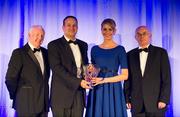 12 November 2011; Deirdre Ryan, Dundrum South Dublin AC, receiving the Athlete of the Year award from Minister for Transport, Tourism and Sport, Leo Varadkar, 2nd from left, CEO of Woodies DIY Ray Colman, and President of Athletics Ireland Liam Hennessey, right. The National Athletics Awards in Association with Woodie’s DIY and Tipperary Crystal. Crowne Plaza Dublin Northwood, Santry, Dublin. Picture credit: Barry Cregg / SPORTSFILE