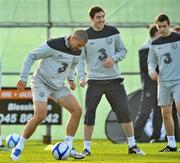 13 November 2011; Republic of Ireland's Jonathan Walters in action with Stephen Ward, centre, and Seamus Coleman during squad training ahead of their UEFA EURO2012 Qualifying Play-off 2nd leg match against Estonia on Tuesday. Republic of Ireland Squad Training, Gannon Park, Malahide, Dublin. Picture credit: David Maher / SPORTSFILE