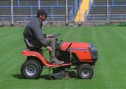 24 May 2002; Contractor Fergus Finneran, cutts the Croke Park grass for the first time since it's reseeding earlier in the month. Photo by Damien Eagers/Sportsfile