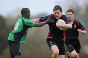 17 November 2011; Ryan Donnelly, Colaiste Chill Mhantain, is tackled by Wolly Mashun, Castleknock CS. Senior Development Cup Semi-Final, Colaiste Chill Mhantain v Castleknock CS, Wicklow RFC, Co. Wicklow. Picture credit: Matt Browne / SPORTSFILE