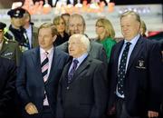 19 November 2011; President of Ireland Micheal D. Higgins with An Taoiseach Enda Kenny T.D. , left, and Connacht Branch President Jim Foy, right, at the game. Heineken Cup, Pool 6, Round 2, Connacht v Toulouse, Sportsground, Galway. Picture credit: Ray Ryan / SPORTSFILE