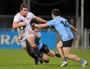 18 November 2011; Ian Hirst, Trinity College, is tackled by Niall Earls and Sam Coughlan Murray, right, UCD. Annual Colours Match, UCD v Trinity College, Donnybrook Stadium, Donnybrook, Dublin. Picture credit: Matt Browne / SPORTSFILE