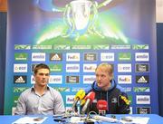 20 November 2011; Leinster head coach Joe Schmidt, right, and Eoin O'Malley during the post-match press conference. Heineken Cup, Pool 3, Round 2, Leinster v Glasgow Warriors, RDS, Ballsbridge, Dublin. Picture credit: Stephen McCarthy / SPORTSFILE