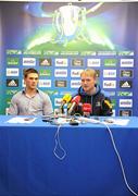 20 November 2011; Leinster head coach Joe Schmidt, right, and Eoin O'Malley during the post-match press conference. Heineken Cup, Pool 3, Round 2, Leinster v Glasgow Warriors, RDS, Ballsbridge, Dublin. Picture credit: Stephen McCarthy / SPORTSFILE