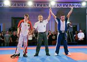 26 November 2011; Drew Neal, Kidderminster, England, celebrates after his victory over Alexander Glelxner, Germany, during their 89 kg semi contact bout. 2011 WAKO World Kickboxing Championships, Citywest Conference Centre, Saggart, Dublin. Picture credit: Matt Browne / SPORTSFILE