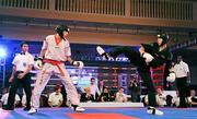 26 November 2011; Ashley St Mart, right, Ireland, in action against the eventual winner Laszlo Varga, Hungary, during their 57 kg semi contact bout. 2011 WAKO World Kickboxing Championships, Citywest Conference Centre, Saggart, Dublin. Picture credit: Matt Browne / SPORTSFILE