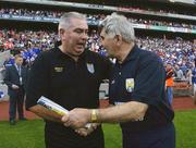 3 August 2003; Armagh manager Joe Kernan shakes hands with Laois manager Mick O'Dwyer after the final whistle. Bank of Ireland All-Ireland Senior Football Championship Quarter Final, Laois v Armagh, Croke Park, Dublin. Picture credit; Brendan Moran / SPORTSFILE *EDI*