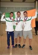 22 May 2017; Robert Heffernan, Alex Wright and Cian McManamon, of the Ireland Men's Race Walking Team, who won bronze in the 20km at The European Race Walking Cup in Podebrady, Czech Republic, pictured on their return at Dublin Airport in Dublin. Photo by Seb Daly/Sportsfile