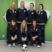 5 December 2011; The FAI in association with the Institute of Sport, Student Travelcard and UEFA are proud to announce seven Irish Women’s internationals as the recipients of their Soccer Scholarship Programme for 2011/12. The Scholarship Programme targets young international players, who have the potential to play for the Women’s Senior National Squad. The programme is designed to provide support to the students in a number of ways including assistance with planning and managing studies through the partnership with the Institute of Sport. It also monitors the girls in terms of physical fitness by providing them with individual strength / conditioning and nutrition programmes, along with some financial assistance. Among the recipients of the Soccer Scholarship Programme are, back row, from left to right, Grace Murray, Louth, Louise Quinn, Dublin, Karen Duggan, Kilkenny, Megan Campbell, Dublin. Front row, from left to right, Ciara Grant, Donegal, Julienne Russell, Galway, and Dora Gorman, Galway. FAI Headquarters, Abbotstown, Co. Dublin. Picture credit: Matt Browne / SPORTSFILE