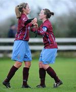 4 December 2011; Rebecca Creagh, right, Raheny United Ladies FC, celebrates her goal against Wexford Youths Women’s AFC, with team mate Siobhan Killeen. Bus Eireann Women's National League - Series No. 4, Wexford Youths Women’s AFC v Raheny United Ladies FC, Ferrycarrig Park, Wexford. Picture credit: Matt Browne / SPORTSFILE