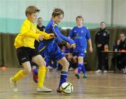 6 December 2011; Jack McDaid, Scoil Mhuire, Buncrana, Co. Donegal, right, in action against Rob Banaghan, Borrisokane Community College, Co. Tipperary. FAI All-Ireland Post Primary Schools First Year Futsal Finals, Franciscan College, Sports Centre, Gormanston, Co. Meath. Picture credit: Brian Lawless / SPORTSFILE