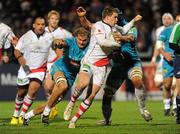 9 December 2011; Craig Gilroy, Ulster, is tackled by Nicola Cattina and Carlo del Fava, Aironi. Heineken Cup, Pool 4, Round 3, Ulster v Aironi, Ravenhill Park, Belfast, Co. Antrim. Picture credit: Oliver McVeigh / SPORTSFILE