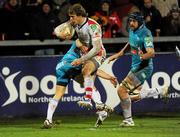 9 December 2011; Andrew Trimble, Ulster, is tackled by Tyson Keats, Aironi, before scoring his side's third try. Heineken Cup, Pool 4, Round 3, Ulster v Aironi, Ravenhill Park, Belfast, Co. Antrim. Picture credit: Oliver McVeigh / SPORTSFILE