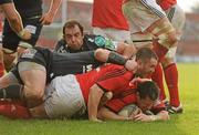 18 December 2011; James Coughlan, supported by Damien Varley, Munster, scores his side's first try. Heineken Cup, Pool 1, Round 4, Munster v Scarlets, Thomond Park, Limerick. Picture credit: Stephen McCarthy / SPORTSFILE