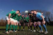 19 December 2011; Some of Ireland’s top club rugby players lined-out in their Ulster Bank League strips today at Old Wesley RFC – flanked by Irish rugby stars, Sean O’Brien, Sean Cronin and Shane Jennings – to launch Ulster Bank RugbyForce, the club volunteer programme where rugby clubs are given the opportunity to win support packages worth €5,000 to renovate their club and upgrade their facilities. Ulster Bank introduced the Ulster Bank RugbyForce initiative last season, after joining forces with the IRFU to become their ‘Official Community Partner’. Now, in their first full season as sponsor of the Ulster Bank League, Ulster Bank RugbyForce ambassador, Alan Quinlan, is calling on clubs across Ireland to enter through Ulster Bank's dedicated website - www.ulsterbank.com/rugby. At the launch were Alan Quinlan, Ulster Bank RugbyForce ambassador, centre, Irish Internationals, from left, Sean O'Brien, Sean Cronin and Shane Jennings with Ulster Bank League players, from left, Kolo Kiripati, Buccaneers RFC, Rory Sheard, Instonians RFC, and Gareth Murray, NUIM Barnhall RFC. Old Wesley RFC, Donnybrook, Dublin. Picture credit: Stephen McCarthy / SPORTSFILE