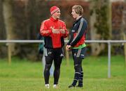 22 December 2011; Munster's Ian Keatley, left,  in conversation with team-mate Danny Barnes during squad training ahead of their Celtic League game against Connacht on Monday. Munster Rugby Squad Training, Kilballyowen Park, Bruff, Co. Limerick. Picture credit: Diarmuid Greene / SPORTSFILE