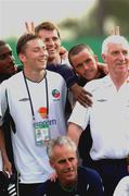 4 June 2002; Republic of Ireland players and management, from left, Clinton Morrison, Matt Holland, Kevin Kilbane, Gary Kelly, Mick Byrne and manager Mick McCarthy pose for a group photograph following a Republic of Ireland training session in Chiba, Japan. Photo by David Maher/Sportsfile