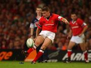 25 May 2002; Ronan O'Gara of Munster kicks a penalty during the Heineken Cup Final match between Leicester Tigers and Munster at the Millennium Stadium in Cardiff, Wales. Photo by Brendan Moran/Sportsfile