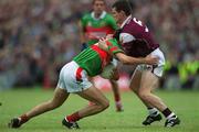 2 June 2002; James Gill of Mayo runs into the challenge of Declan Meehan of Galway during the Bank of Ireland Connacht Senior Football Championship Semi-Final match between Mayo and Galway at MacHale Park in Castlebar, Mayo. Photo by Ray McManus/Sportsfile