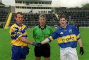 9 June 2002; Team captains Padraig Gallagher of Clare, left, and Willie Morrisey of Tipperary shake hands in the presence of Referee Michael Hughes prior to the Bank of Ireland Munster Senior Football Championship Semi-Final match between Tipperary and Clare at Fitzgerald Stadium in Killarney, Kerry. Photo by Pat Murphy/Sportsfile