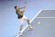 30 December 2011; Niall Fitzgerald, Greystones, Co. Wicklow, in action against John McGahan, Dundalk, Co. Louth, during their Men's Singles semi-final. National Indoor Tennis Championship Semi-Finals, David Lloyd Riverview, Clonskeagh, Dublin. Photo by Sportsfile