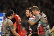 30 December 2011; Ian Humphreys, Ulster, celebrates with Chris Henry after scoring his side's third try. Celtic League, Ulster v Munster, Ravenhill Park, Belfast, Co. Antrim. Picture credit: Oliver McVeigh / SPORTSFILE