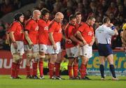 12 November 2011; Munster players, from left to right, Niall Ronan, Paul O'Connell, Donncha O'Callaghan, John Hayes, Wian du Preez, Peter O'Mahony and Damien Varley prepare for a scrum. Heineken Cup, Pool 1, Round 1, Munster v Northampton Saints, Thomond Park, Limerick. Picture credit: Diarmuid Greene / SPORTSFILE