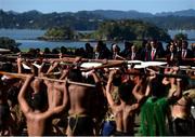 4 June 2017; British & Irish Lions tour manager John Spencer, left, head coach Warren Gatland and team captain Sam Warburton, right, during a Maori welcome at the Waitangi Treaty Grounds in Waitangi, New Zealand. Photo by Stephen McCarthy/Sportsfile