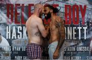 9 June 2017; Luke Watkins, right, faces off with Ian Tims following the weight ahead of their Cruiserweight Championship bout at the Boxing in Belfast event in the Hilton Hotel, Belfast. Photo by David Fitzgerald/Sportsfile