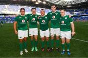 10 June 2017; Ireland debutants, from left, Dave Heffernan, Jacob Stockdale, Andrew Porter, James Ryan and Rory Scannell following their victory in the international match between Ireland and USA at the Red Bull Arena in Harrison, New Jersey, USA. Photo by Ramsey Cardy/Sportsfile