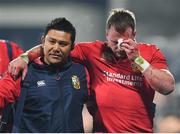 10 June 2017; Stuart Hogg of the British & Irish Lions leaves the pitch with physiotherapist Prav Mathema during the match between Crusaders and the British & Irish Lions at AMI Stadium in Christchurch, New Zealand. Photo by Stephen McCarthy/Sportsfile