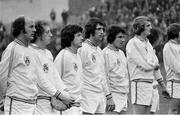 30 October 1974; Republic of Ireland players, from left, Terry Mancini, Mick Martin, Joe Kinnear, Don Givens, Ray Treacy and Paddy Roche stand together for the national anthem before the game 1976 European Championship Qualifier, Group 6 match between Republic of Ireland and the Soviet Union at Dalymount Park in Dublin. Photo by Connolly Collection/Sportsfile