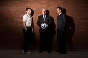 31 January 2012; Drogheda United manager Mick Cooke with players Paul Crowley, left, and Declan O'Brien, right, at a press conference ahead of the new Airtricity League season. Drogheda United Press Conference, Newlands Golf Club, Naas Road, Dublin. Picture credit: Pat Murphy / SPORTSFILE