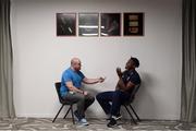 15 June 2017; Maro Itoje is interviewed by Alan Dymock of Rugby World during a British and Irish Lions press conference at the Matariki Cultural Centre in Rotorua, New Zealand. Photo by Stephen McCarthy/Sportsfile