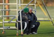 1 February 2012; Ireland's Sean O'Brien, right, speaking with team-mate Stephen Ferris watch on from the sidesline during squad training ahead of their RBS Six Nations Rugby Championship game against Wales on Sunday. Ireland Rugby Squad Training, Carton House, Maynooth, Co. Kildare. Picture credit: Barry Cregg / SPORTSFILE