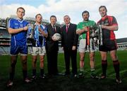 1 February 2012; Billy Finn, AIB Bank, with Uachtarán CLG Criostóir Ó Cuana and club captains, from left, Eoin Joyce, Clonbur, Galway, Cathal O'Neill, Derrytresk, Tyrone, junior football, Damien Murphy, Milltown Castlemaine, Kerry, and Michael Conroy, Davitts, Mayo, Intermediate football, in advance of the AIB GAA Hurling and Football Junior and Intermediate Club Championship Finals on Saturday 11th and Sunday 12th February in Croke Park. Croke Park, Dublin. Picture credit: Pat Murphy / SPORTSFILE