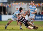 3 February 2012; Niall Lalor, Terenure College, is tackled by Oliver Jager, left, and Jack Burke, Blackrock College. Powerade Leinster Schools Senior Cup, 1st Round Refixture, Blackrock College v Terenure College, Donnybrook Stadium, Donnybrook, Dublin. Picture credit: Barry Cregg / SPORTSFILE